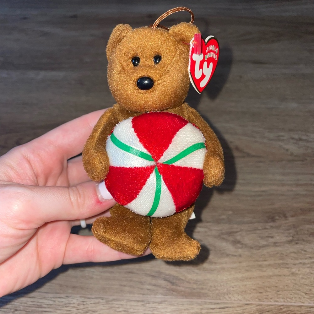 Ty Brown Bear Plush Toy with Red and Green peppermint